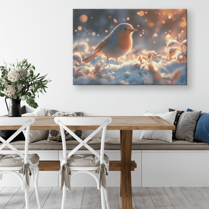 Robin Hopping Through Glowing Snowy Meadow With Frost Covered Plants Under Star Filled Night Sky Canvas Wall Art Decor - Awakening Righteousness