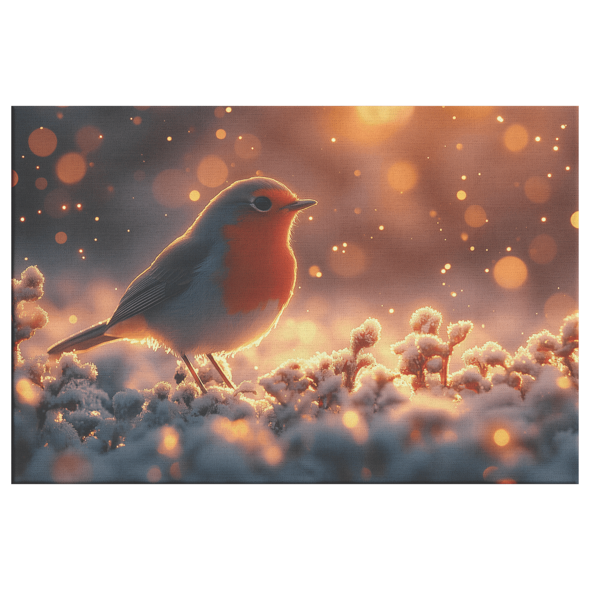 Robin Hopping Through Glowing Snowy Meadow With Frost Covered Plants Under Star Filled Night Sky Canvas Wall Art Decor - Awakening Righteousness