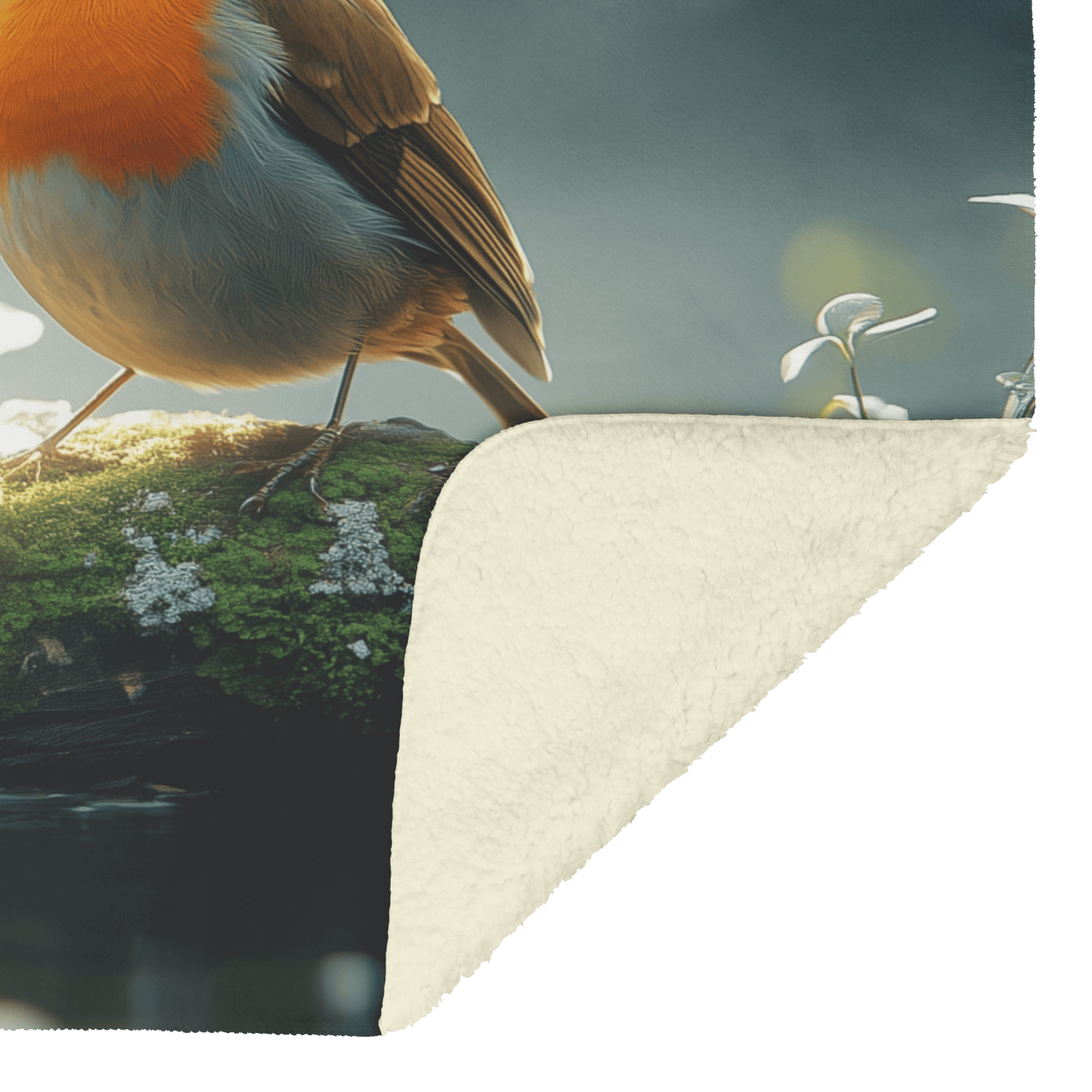 Robin Sitting on Mossy Glowing Log Surrounded by Soft Green Plants and Morning Mist Under Golden Sunlight Fleece Sherpa Blanket - Awakening Righteousness