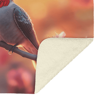 Ruby Throated Hummingbird Perched on Glowing Branch Surrounded by Pink Cherry Blossoms Under Golden Sunlight Fleece Sherpa Blanket - Awakening Righteousness