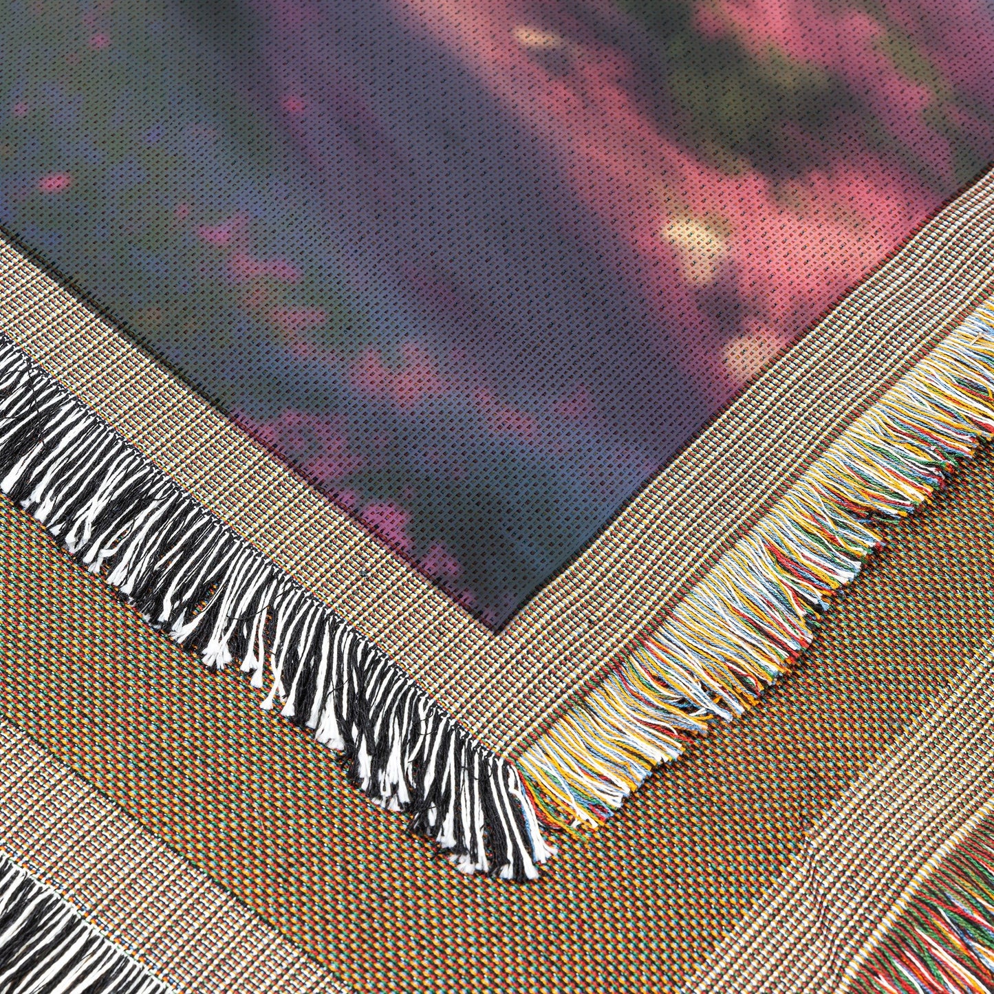 Scenic Pathway Through Blossoming Trees with Majestic Mountain View Woven Throw Blanket for Home Decor - Awakening Righteousness
