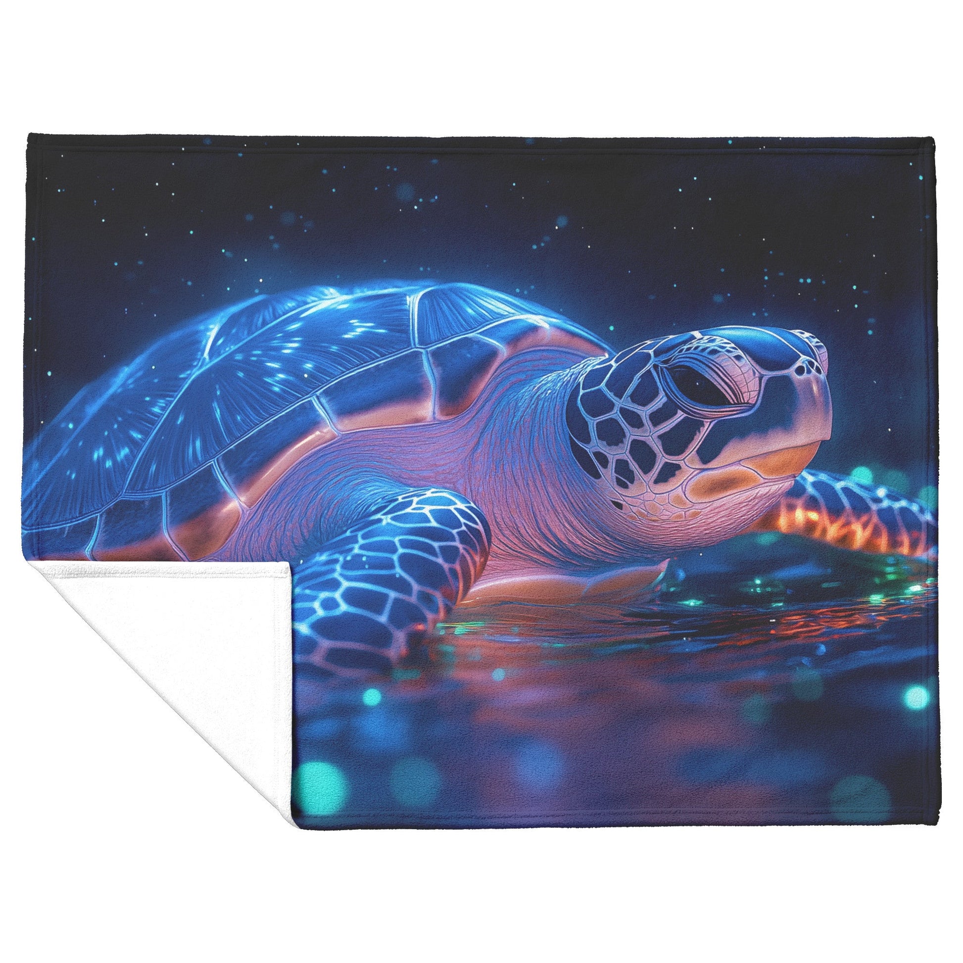Sea Turtle Swimming Gracefully in Bioluminescent Ocean Under Twilight Sky with Glowing Green and Blue Shell Fleece Sherpa Blanket - Awakening Righteousness