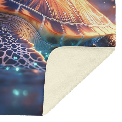 Sea Turtle Swimming Gracefully in Bioluminescent Ocean Under Twilight Sky with Glowing Green and Blue Shell Fleece Sherpa Blanket - Awakening Righteousness