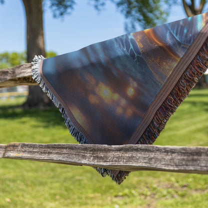 Sea Turtle Swimming Through Glowing Bioluminescent Ocean Woven Throw Blanket with Twilight Sky and Illuminated Shell - Awakening Righteousness