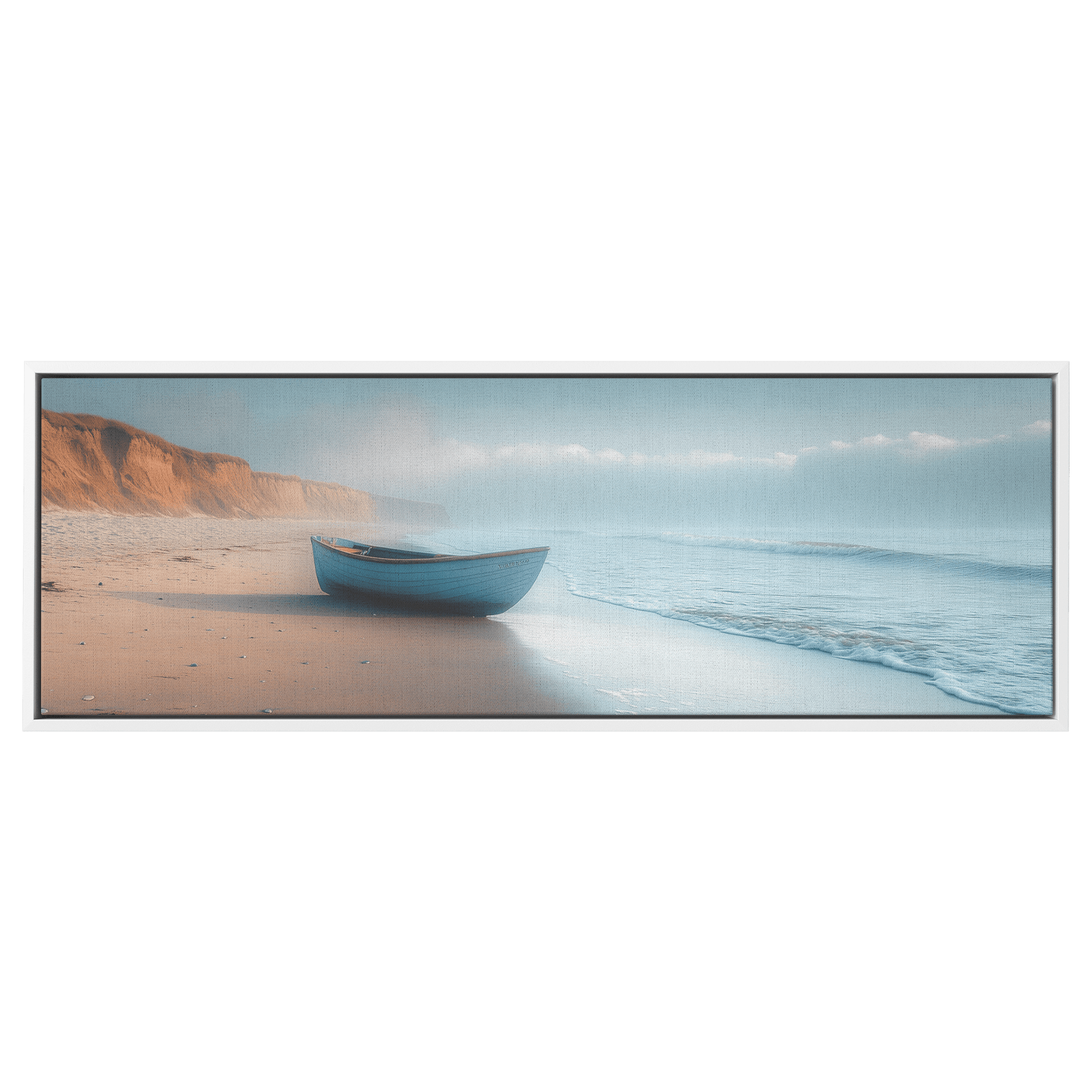 Serene Coastal View Gentle Waves Muted Gray Sky Minimalist Sandy Beach Neutral Tones Panoramic Framed Canvas Wall Art - Awakening Righteousness