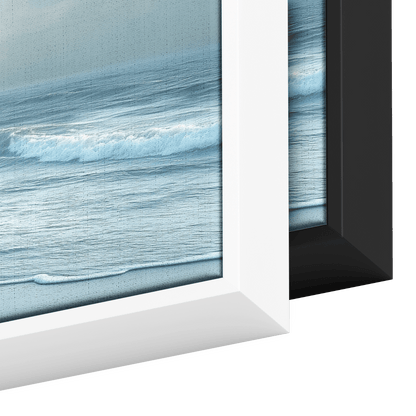 Serene Coastal View Gentle Waves Muted Gray Sky Minimalist Sandy Beach Neutral Tones Panoramic Framed Canvas Wall Art - Awakening Righteousness
