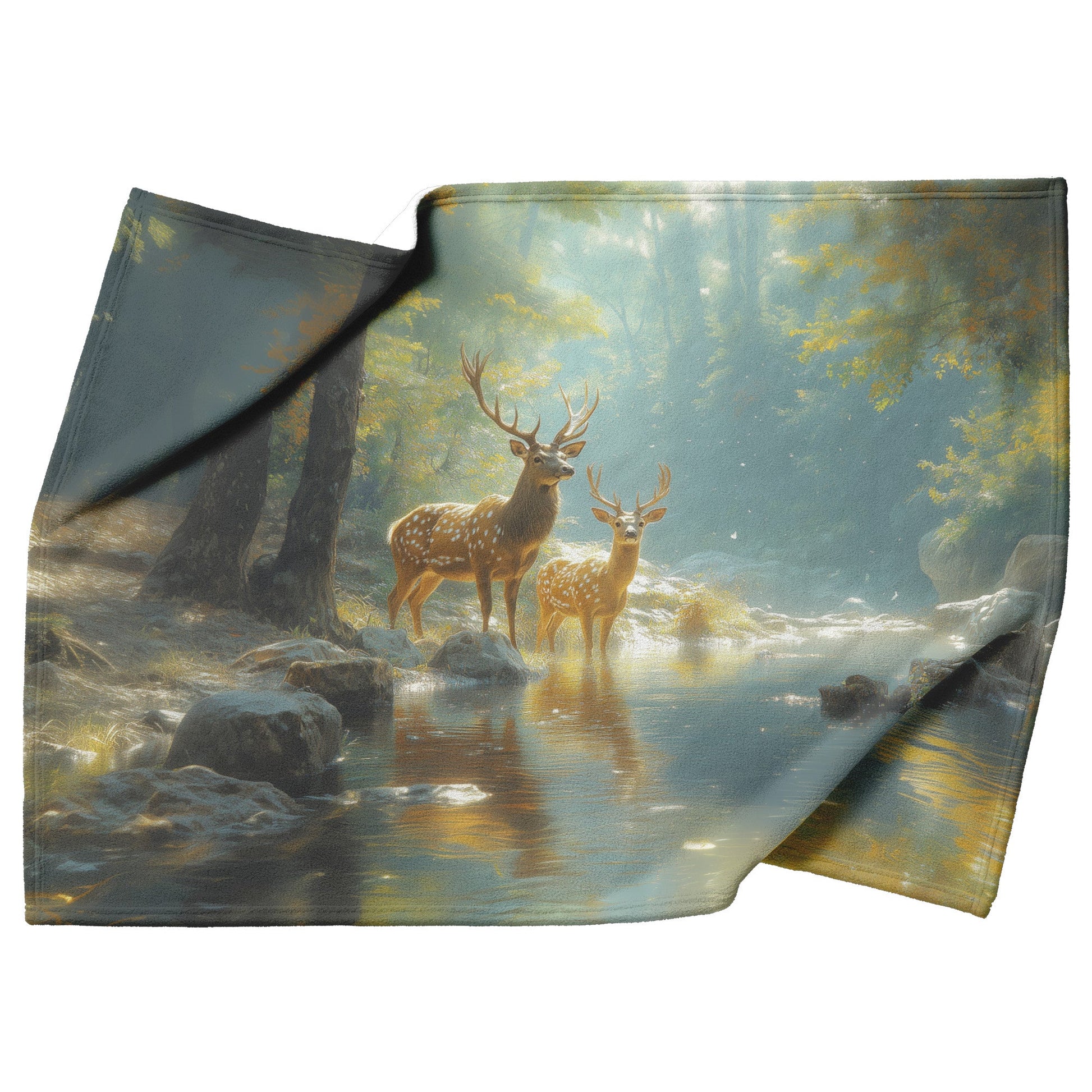 Serene Deer by Stream Cozy Fleece Sherpa Blanket - Awakening Righteousness