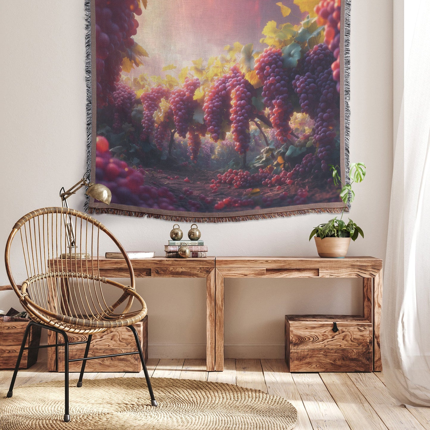 Serene Grapes Growing in Vineyard Orchard with Golden Hour Sunlight Cozy Woven Throw Blanket - Awakening Righteousness