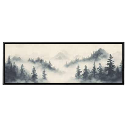 Serene Illustration Mist Covered Rolling Hills Scattered Forests Neutral Gray Cream Tones Ultra High Definition Minimalist Panoramic Framed Canvas Wall Art - Awakening Righteousness