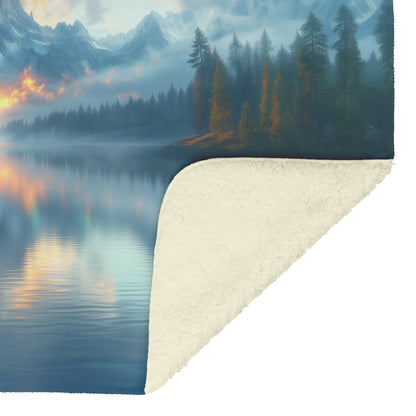Serene Mountain Lake Surrounded by Snowy Peaks Misty Clouds and Radiant Golden Light Fleece Sherpa Blanket - Awakening Righteousness