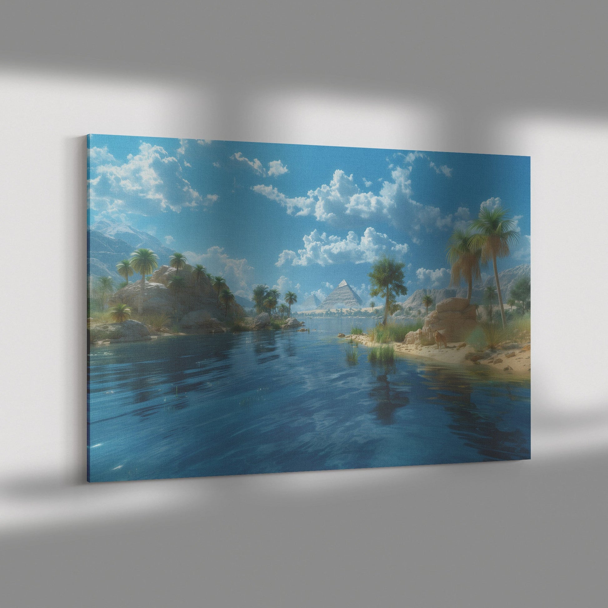 Serene Oasis with Pyramid View and Crystal Blue Water Canvas Wall Art Decor - Awakening Righteousness