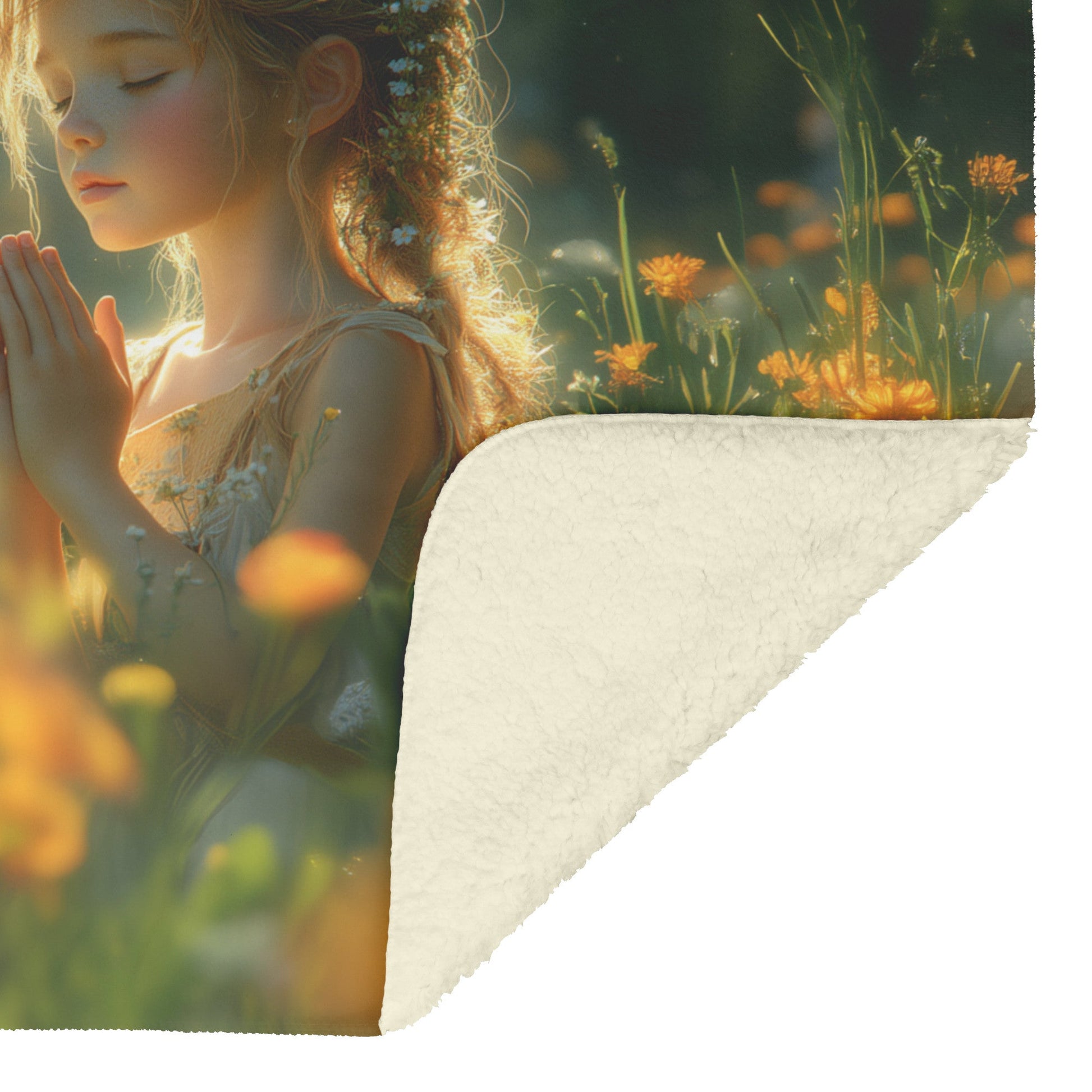 Serenity in Prayer Young Girl in Blooming Garden Cozy Christian Fleece Sherpa Blanket - Awakening Righteousness