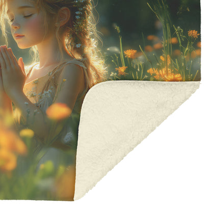 Serenity in Prayer Young Girl in Blooming Garden Cozy Christian Fleece Sherpa Blanket - Awakening Righteousness