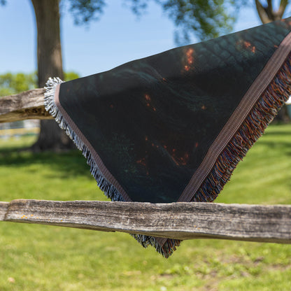 Serpent Entwined Around Glowing Tree in Enchanted Forest Woven Throw Blanket for Home Decor - Awakening Righteousness