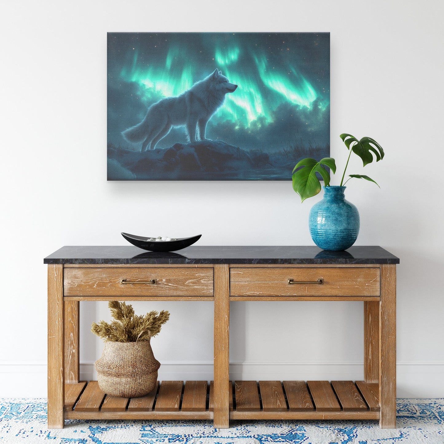 Siberian Husky Standing on Snowy Mountain Peak Under Glowing Northern Lights with Intricate Fur Canvas Wall Art Decor - Awakening Righteousness