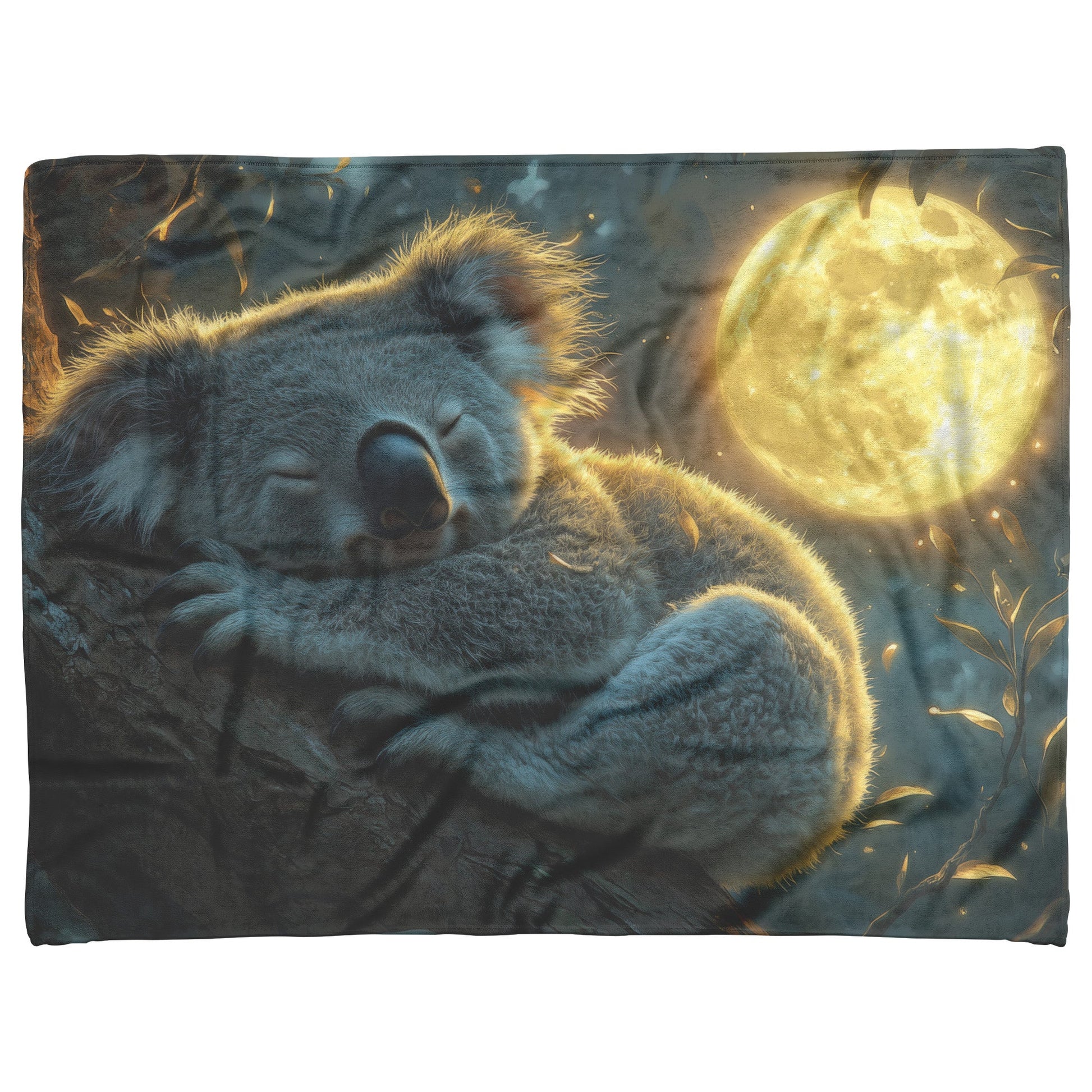 Sleepy Koala Nestled on Tree Branch Under Glowing Full Moon with Soft Silver Highlights Fleece Sherpa Blanket - Awakening Righteousness