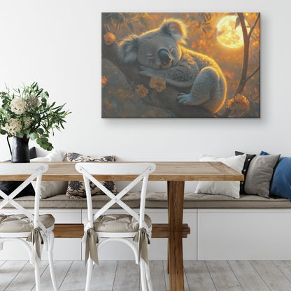 Sleepy Koala Nestled on Tree Branch Under Glowing Full Moon with Soft Silver Highlights Peaceful Wall Art Decor - Awakening Righteousness