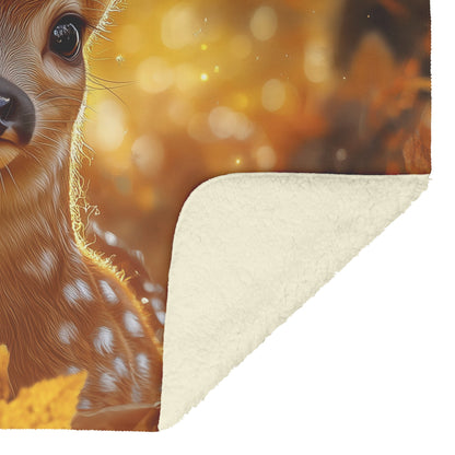Smiling Baby Deer in Autumn Forest Glow Cozy Fleece Sherpa Blanket - Awakening Righteousness