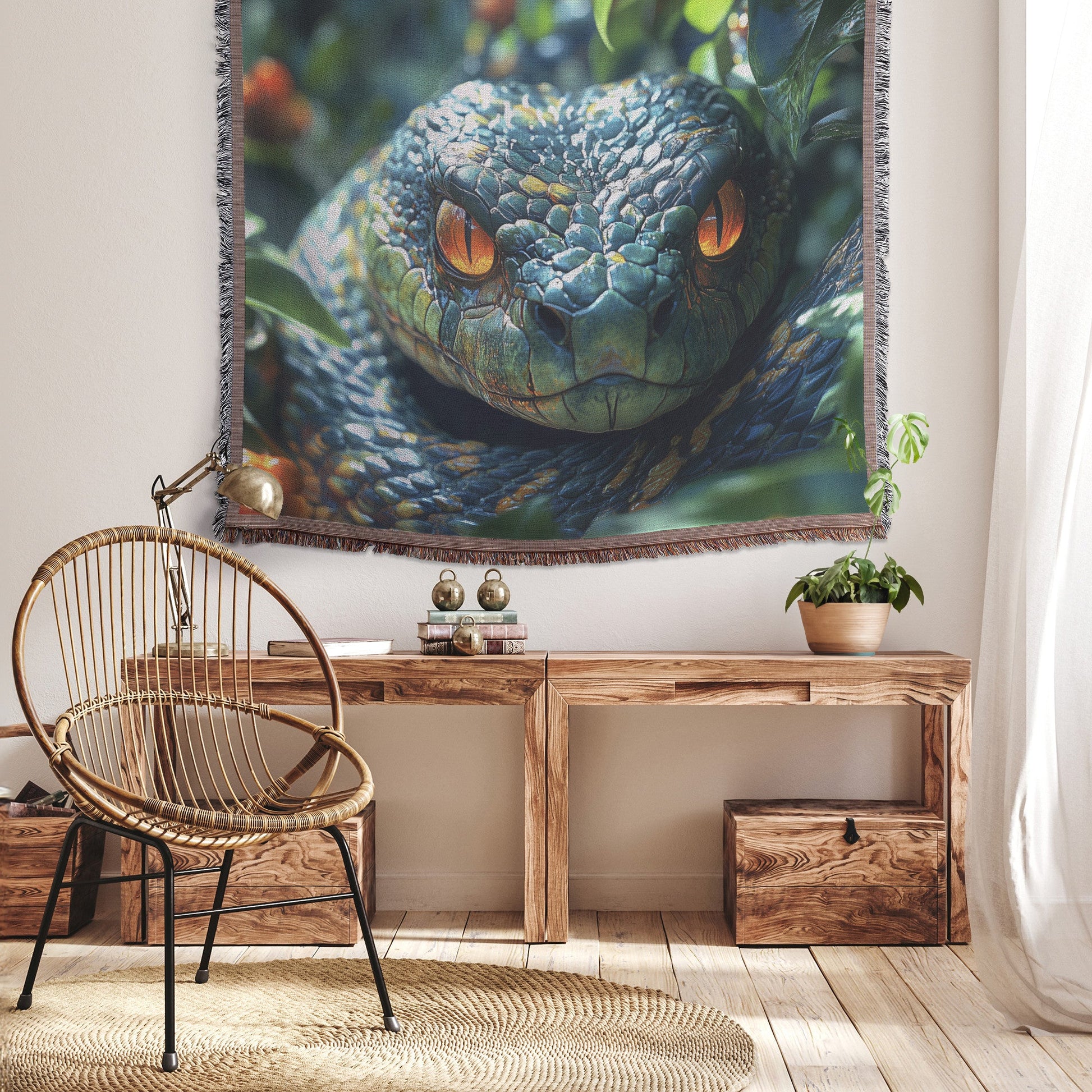 Snake with emerald scales and piercing eyes woven throw blanket wildlife decor nature's beauty reptile art - Awakening Righteousness