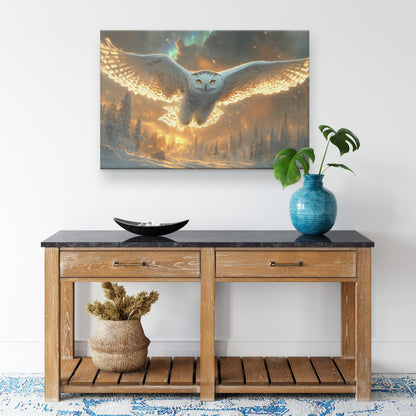 Snowy Owl Flying Through Glowing Winter Forest Under Northern Lights Shimmering Wings Canvas Wall Art Decor - Awakening Righteousness