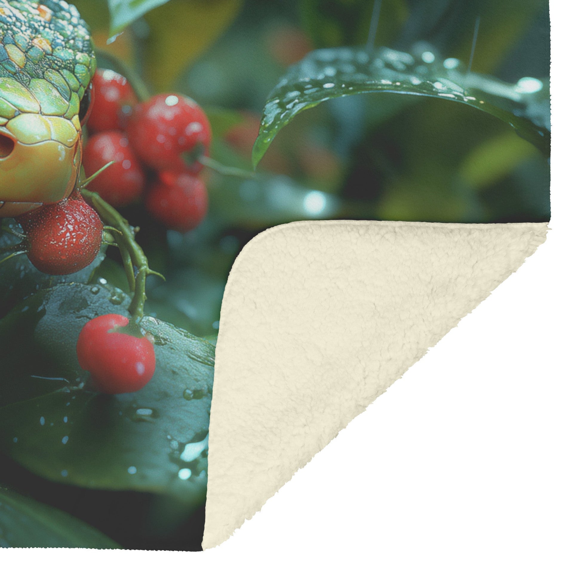 Soft and Cozy Fleece Sherpa Blanket with Colorful Snake Among Dew Kissed Berries and Greenery - Awakening Righteousness