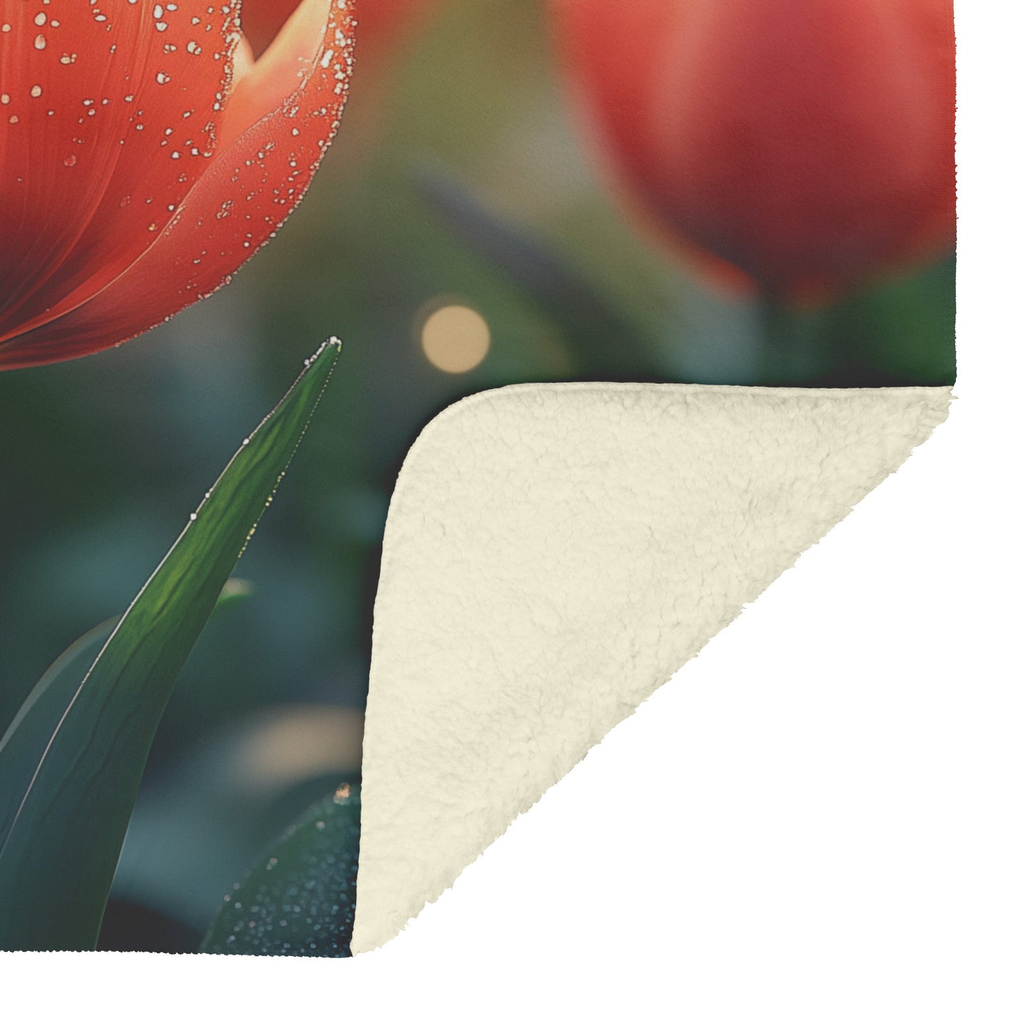 Soft and Cozy Fleece Sherpa Blanket with Dewy Red Tulips in a Serene Garden for Comfort - Awakening Righteousness