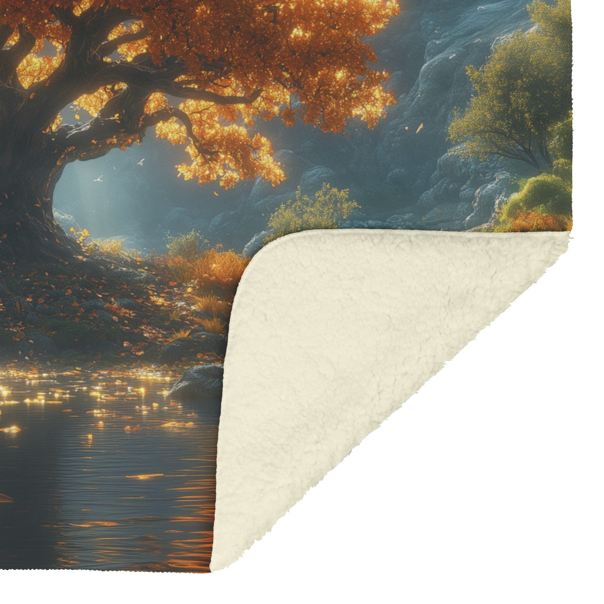 Soft and Cozy Fleece Sherpa Blanket with Golden Autumn Tree Reflected in Calm Waters for Tranquil Comfort - Awakening Righteousness