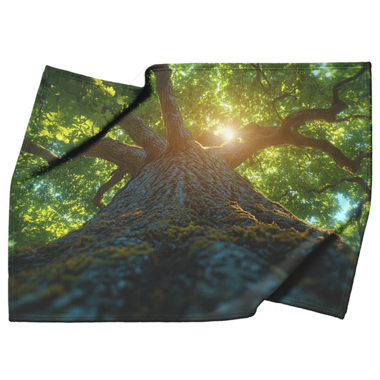 Soft and Cozy Fleece Sherpa Blanket with Majestic Tree and Sunlight Filtering Through Leaves for Relaxing Comfort - Awakening Righteousness