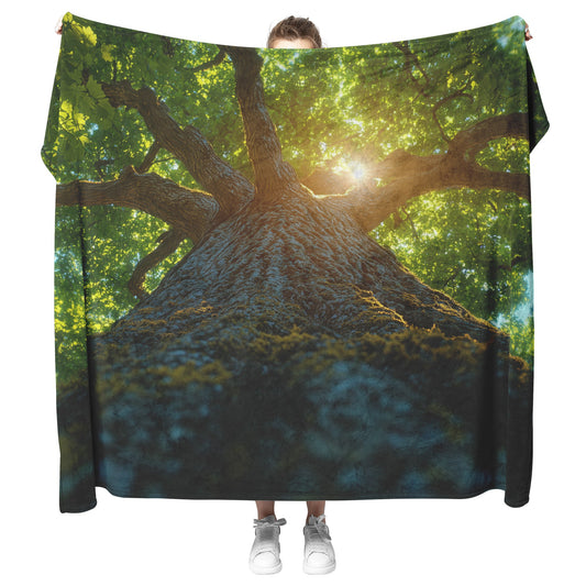 Soft and Cozy Fleece Sherpa Blanket with Majestic Tree and Sunlight Filtering Through Leaves for Relaxing Comfort - Awakening Righteousness