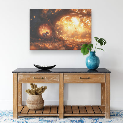 Squirrel Curled Up in Nest Inside Glowing Tree Hollow with Golden Light and Falling Autumn Leaves Canvas Wall Art - Awakening Righteousness