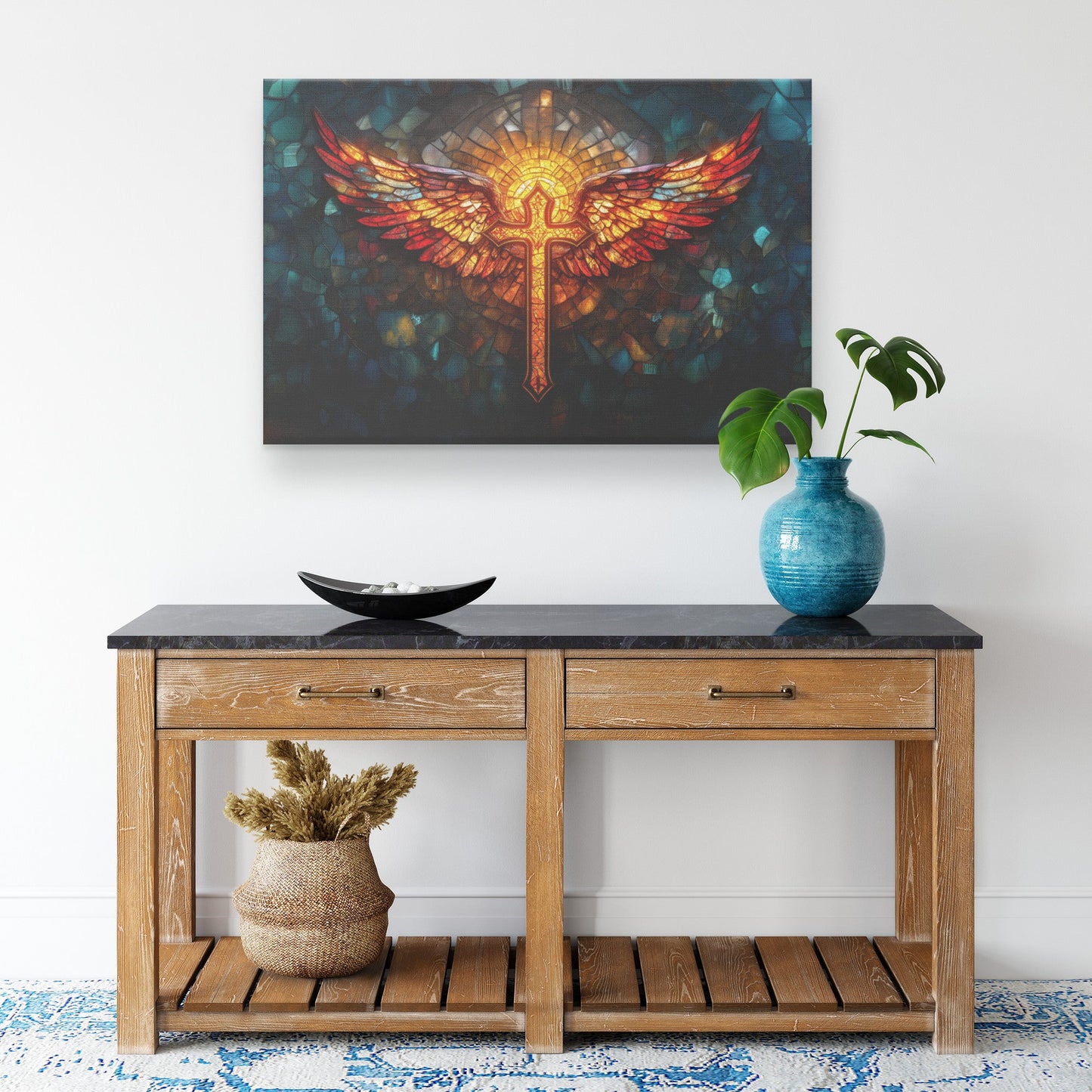Stained Glass Angel Wings and Cross Christian Canvas Wall Art Inspirational Religious Decor for Home or Church - Awakening Righteousness