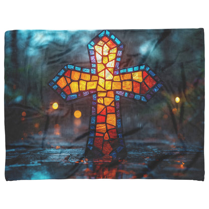 Stained Glass Cross Fleece Sherpa Blanket Vibrant Rainy Night Design Christian Art Cozy Inspirational Gift - Awakening Righteousness