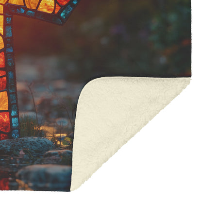 Stained Glass Cross in Sunset Glow Fleece Sherpa Blanket Radiant Christian Art Cozy Inspirational Gift - Awakening Righteousness