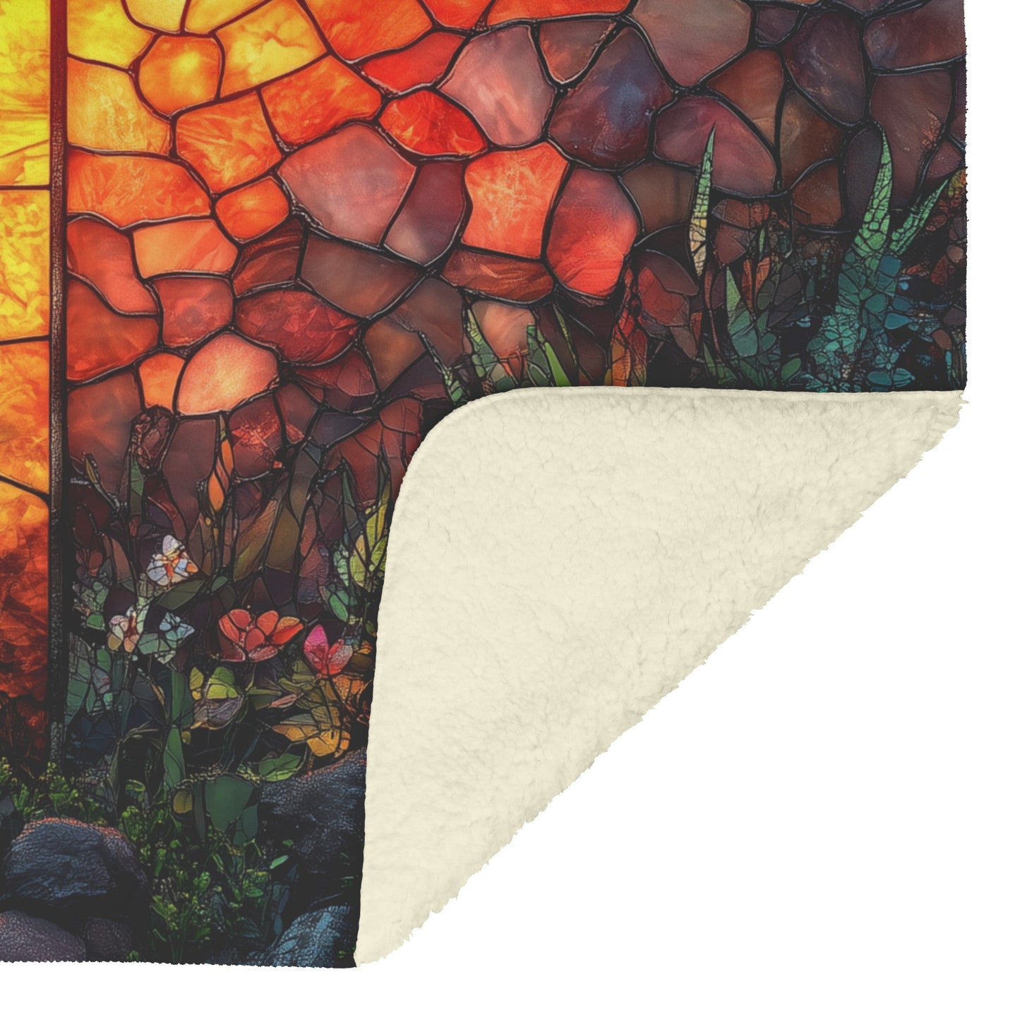 Stained Glass Cross with Radiant Floral Design Fleece Sherpa Blanket Christian Home Decor for Comfort and Inspiration - Awakening Righteousness