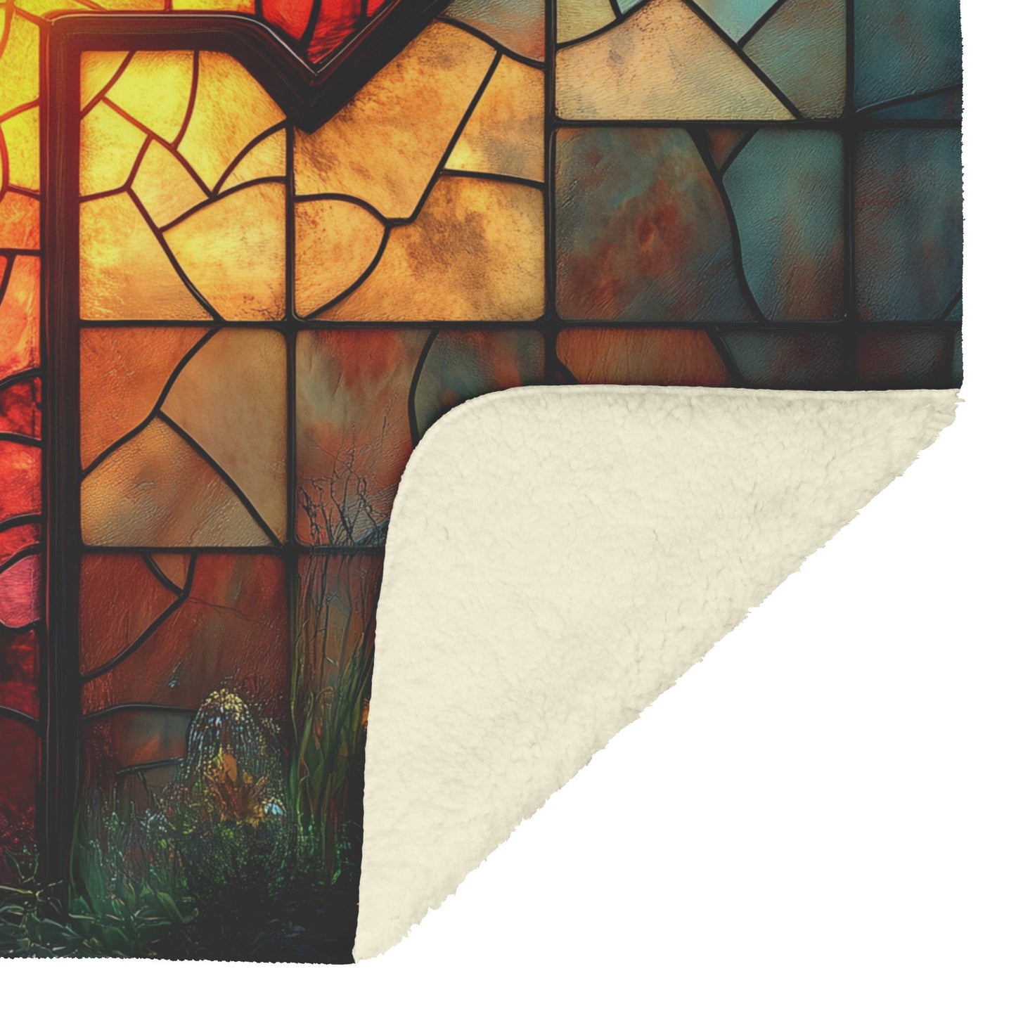 Stained Glass Cross with Radiant Light and Floral Design Fleece Sherpa Blanket Christian Decor for Comfort and Faith - Awakening Righteousness