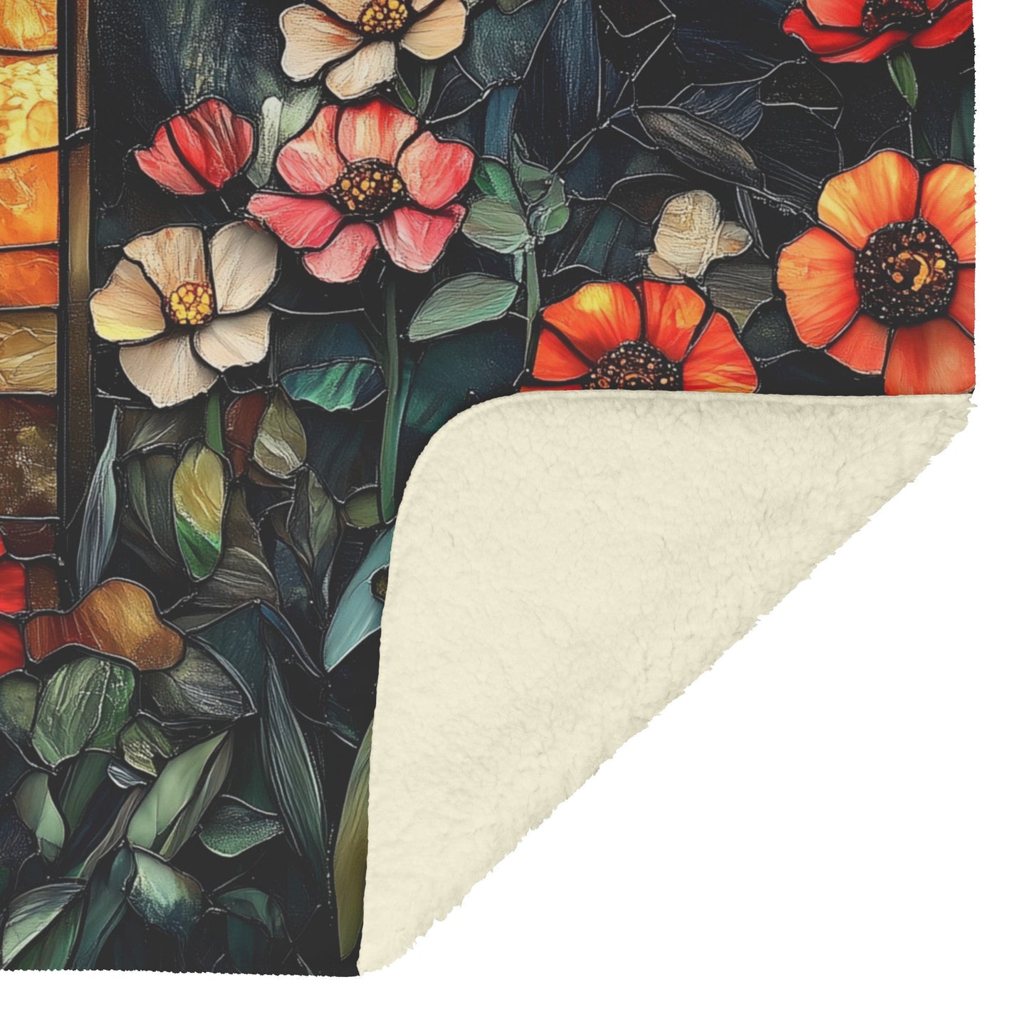 Stained Glass Cross with Vibrant Wildflowers Design Fleece Sherpa Blanket Christian Decor for Faith and Comfort - Awakening Righteousness