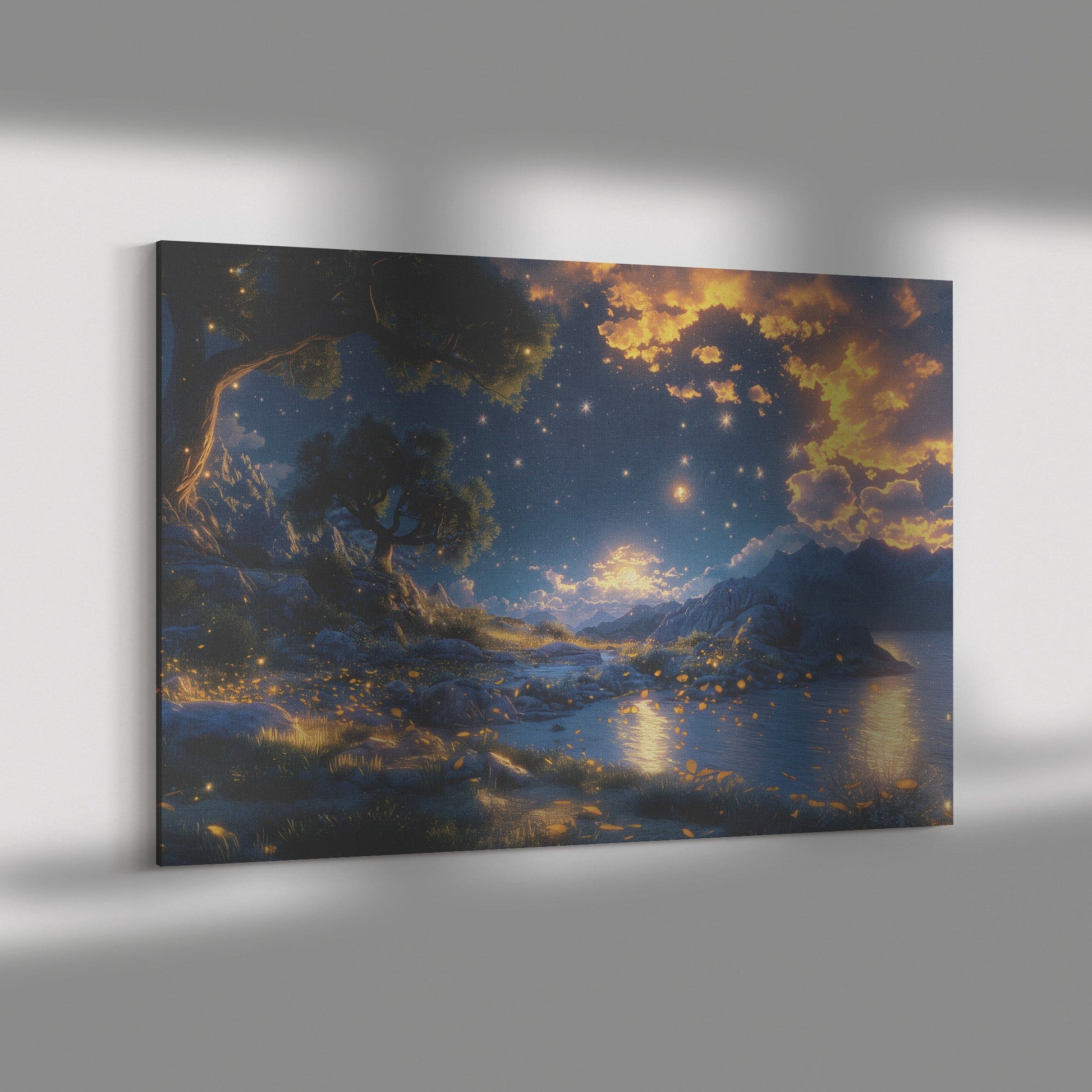 Starry Night Landscape with Glowing Trees and Reflective Lake Cosmic Canvas Wall Art Decor for Home or Office - Awakening Righteousness