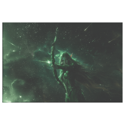 Stunning Female Night Elf Hunter in Green and Silver Armor with Glowing Bow Stars and Light Trails Canvas Wall Art - Awakening Righteousness