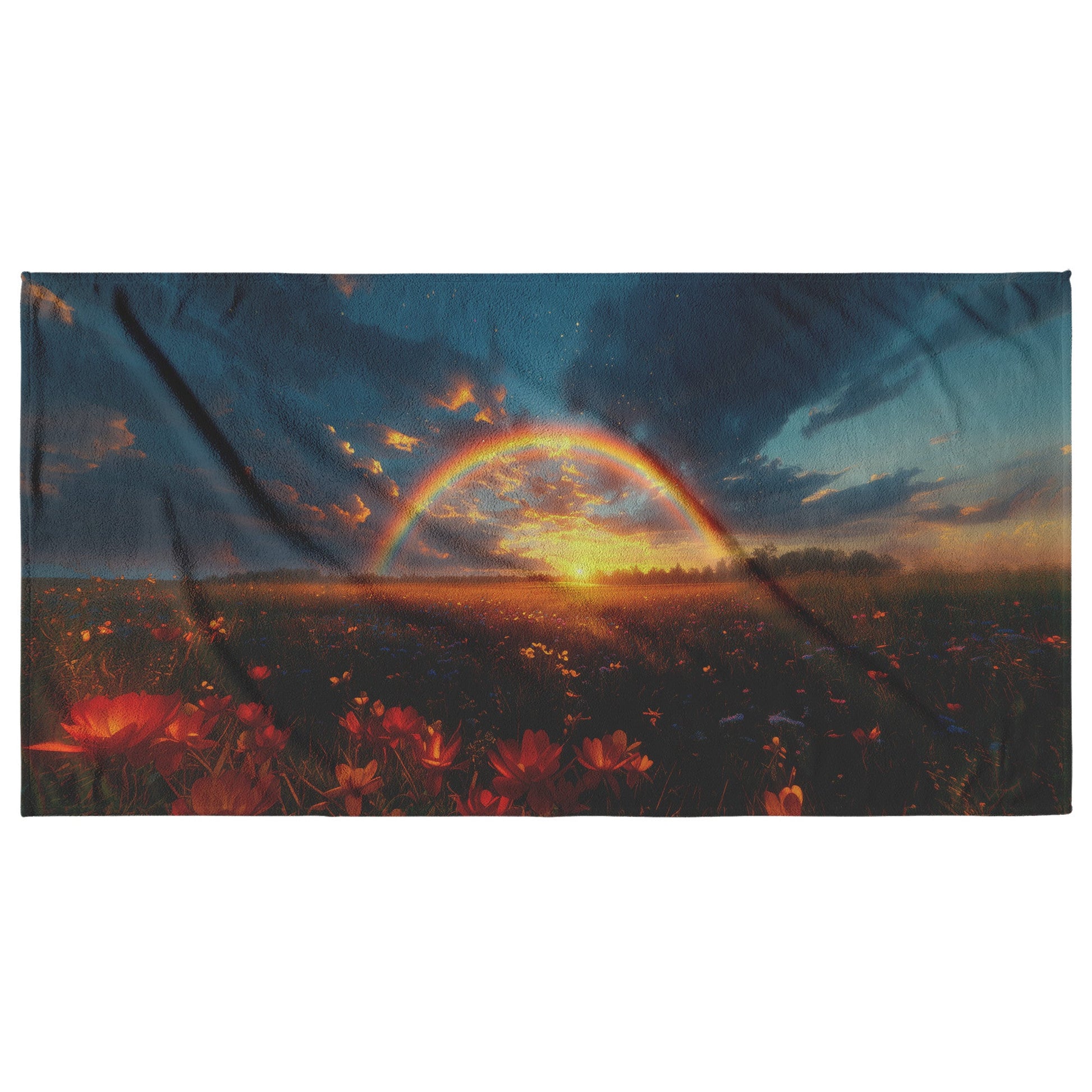 Stunning Rainbow Over Golden Field at Sunrise Beach Towel Glowing Soft Light Wildflowers Peaceful Blue Sky Clouds - Awakening Righteousness