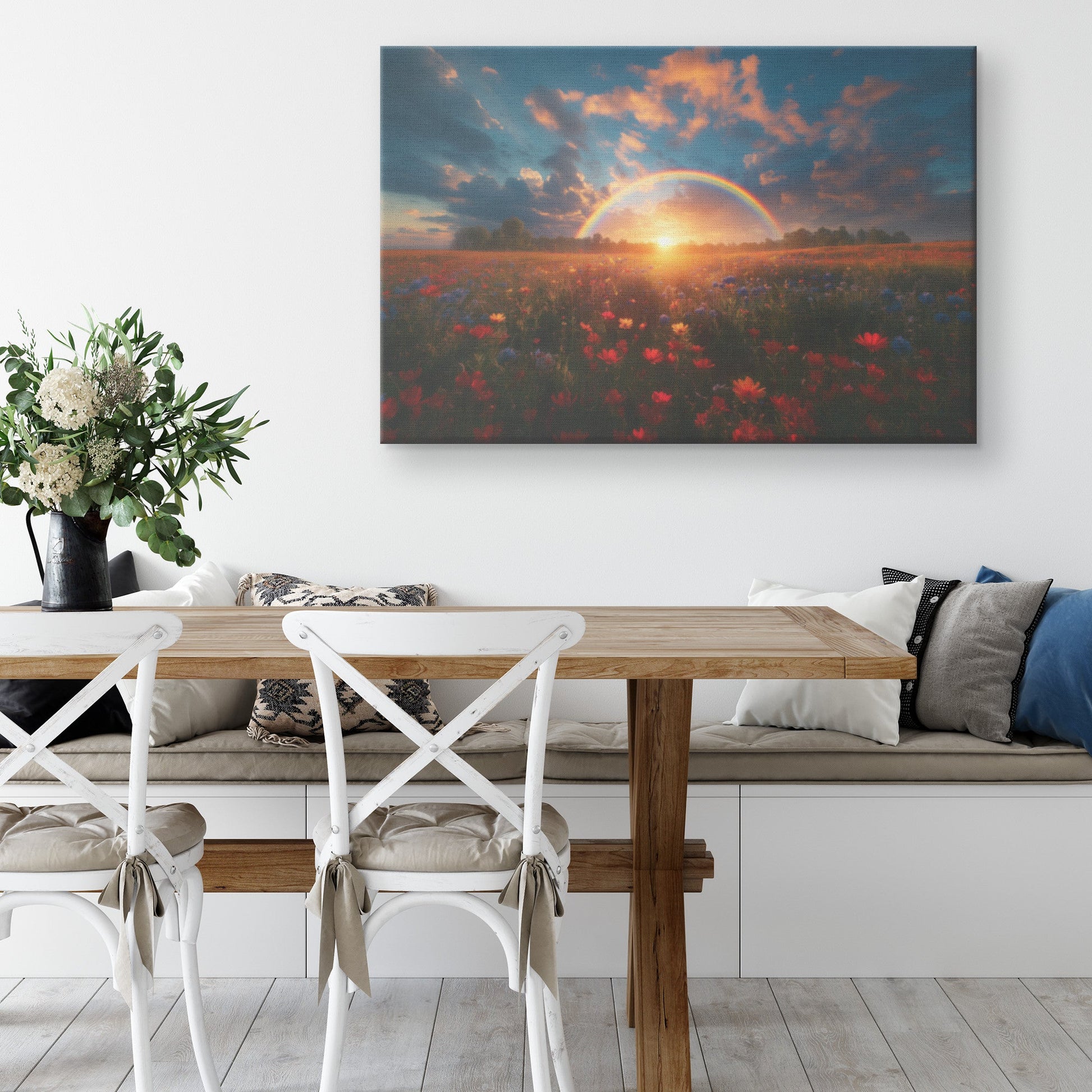 Stunning Rainbow Over Golden Field Sunrise Glowing Light Vibrant Wildflowers Peaceful Blue Sky Canvas Wall Art - Awakening Righteousness
