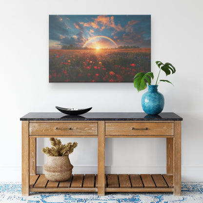 Stunning Rainbow Over Golden Field Sunrise Glowing Light Vibrant Wildflowers Peaceful Blue Sky Canvas Wall Art - Awakening Righteousness