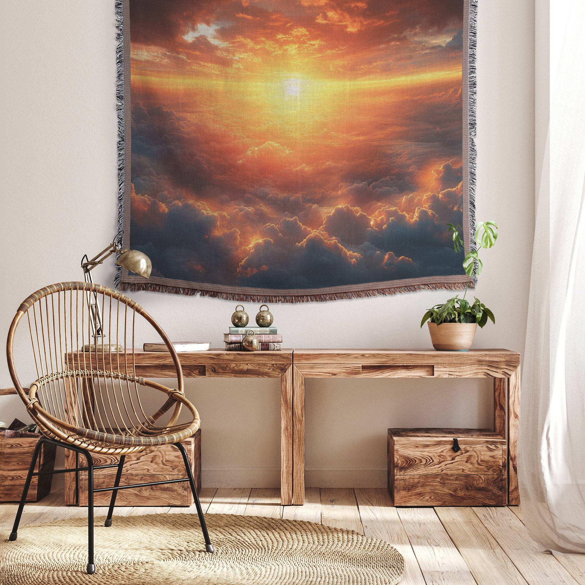 Stunning Sunsetting View Over Clouds Celestial Woven Throw Blanket Perfect for Nature Lovers Home Decor - Awakening Righteousness