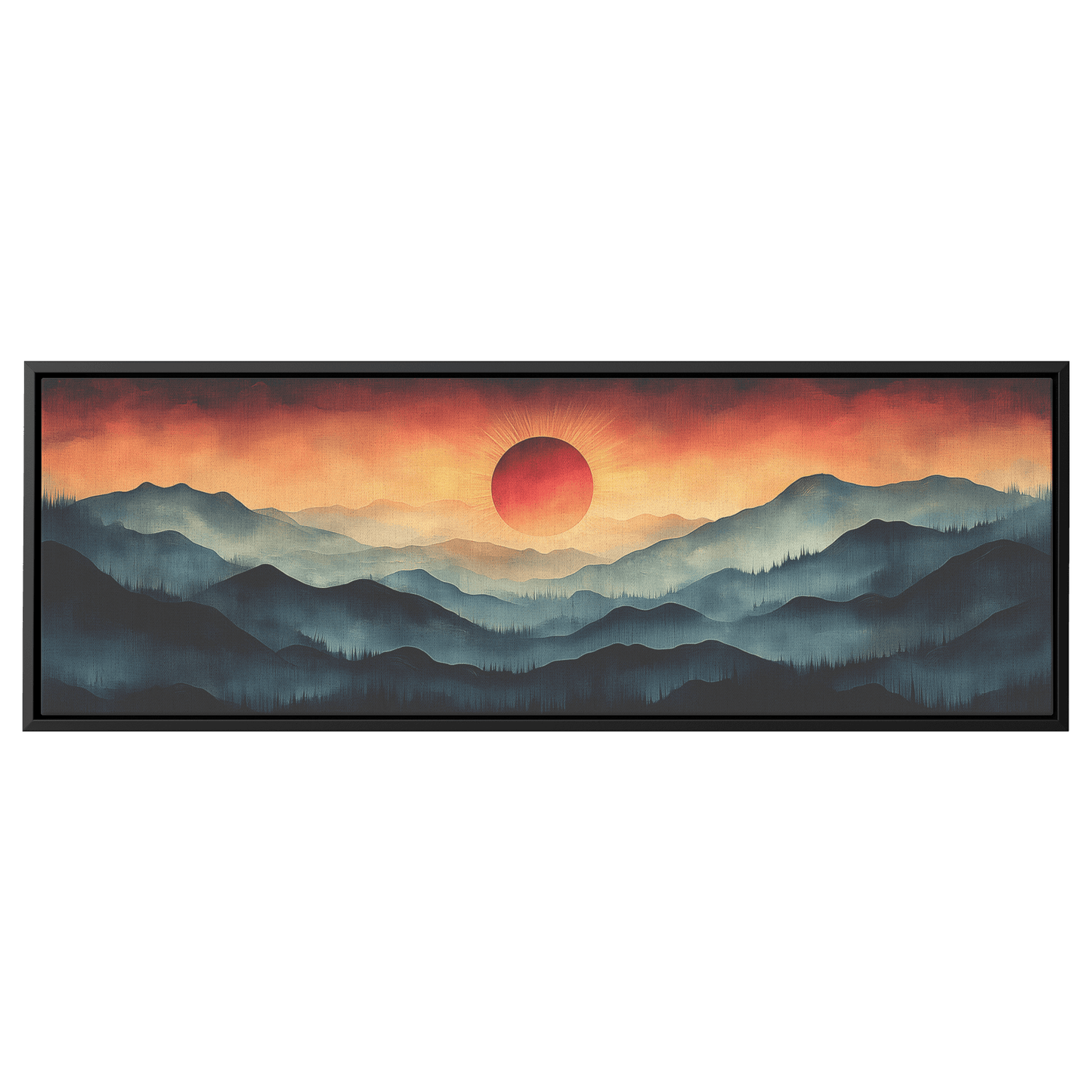 Stylized Boho Artwork Sunburst Abstract Hills Warm Earthy Tones Ultra High Definition Soft Gradients Panoramic Framed Canvas Wall Art - Awakening Righteousness