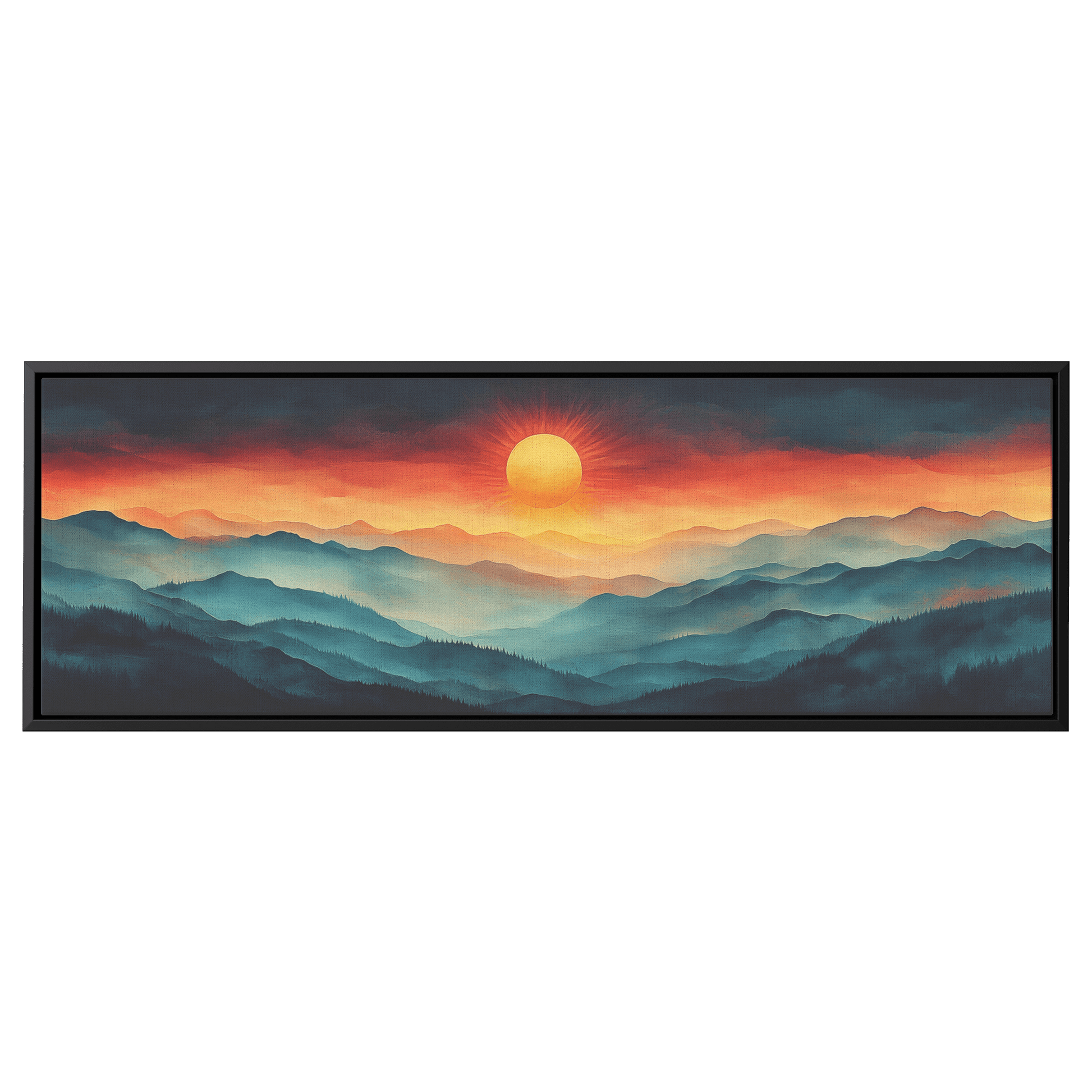 Stylized Boho Artwork Sunburst Abstract Hills Warm Earthy Tones Ultra High Definition Soft Gradients Panoramic Framed Canvas Wall Art - Awakening Righteousness