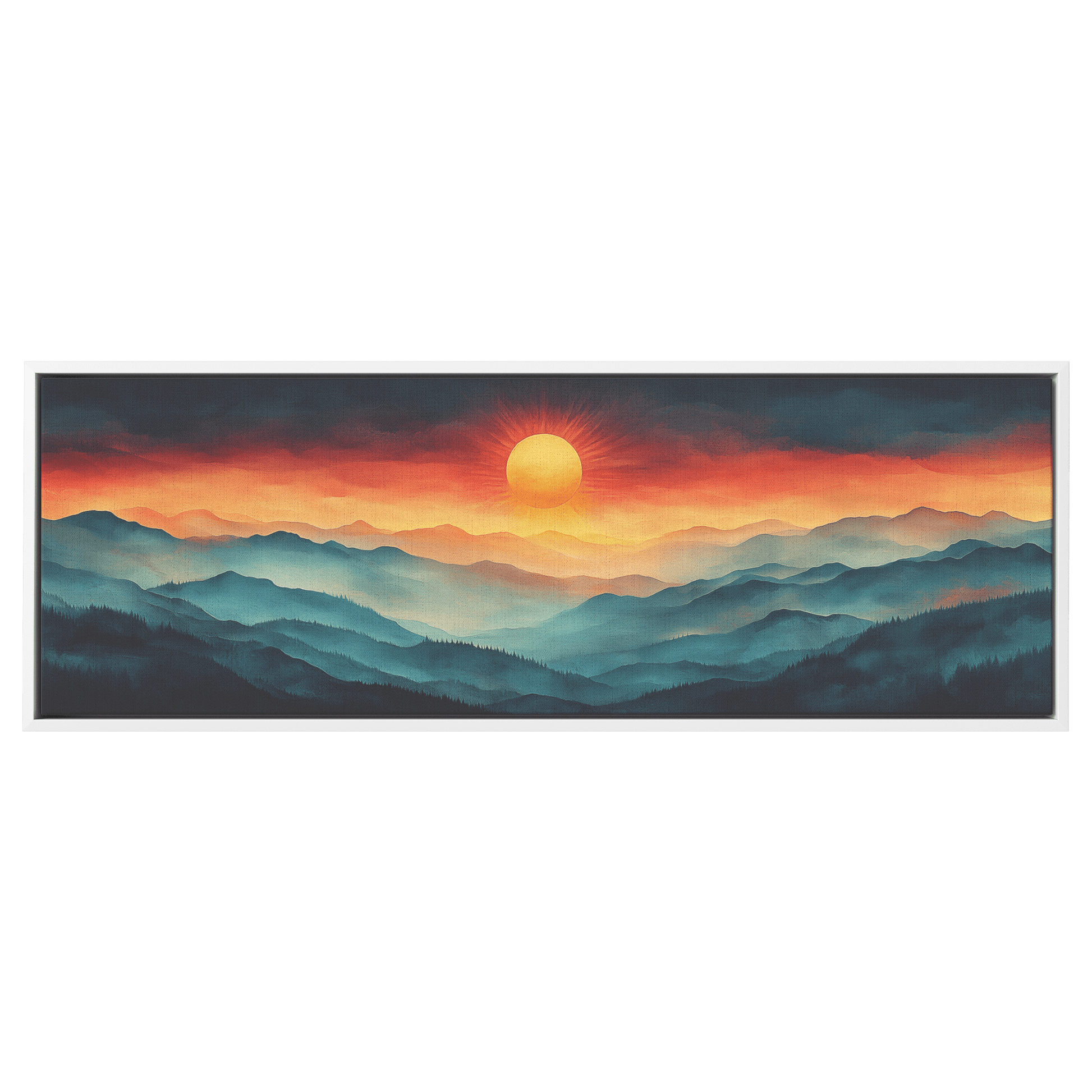 Stylized Boho Artwork Sunburst Abstract Hills Warm Earthy Tones Ultra High Definition Soft Gradients Panoramic Framed Canvas Wall Art - Awakening Righteousness