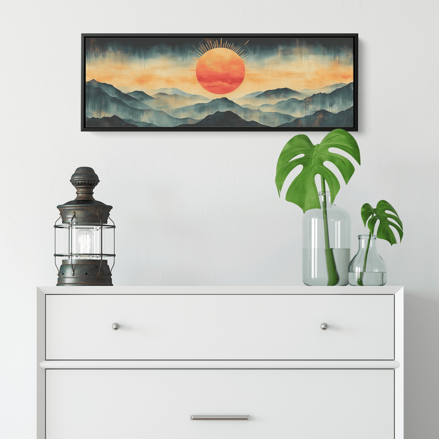 Stylized Boho Artwork Sunburst Abstract Hills Warm Earthy Tones Ultra High Definition Soft Gradients Panoramic Framed Canvas Wall Art - Awakening Righteousness