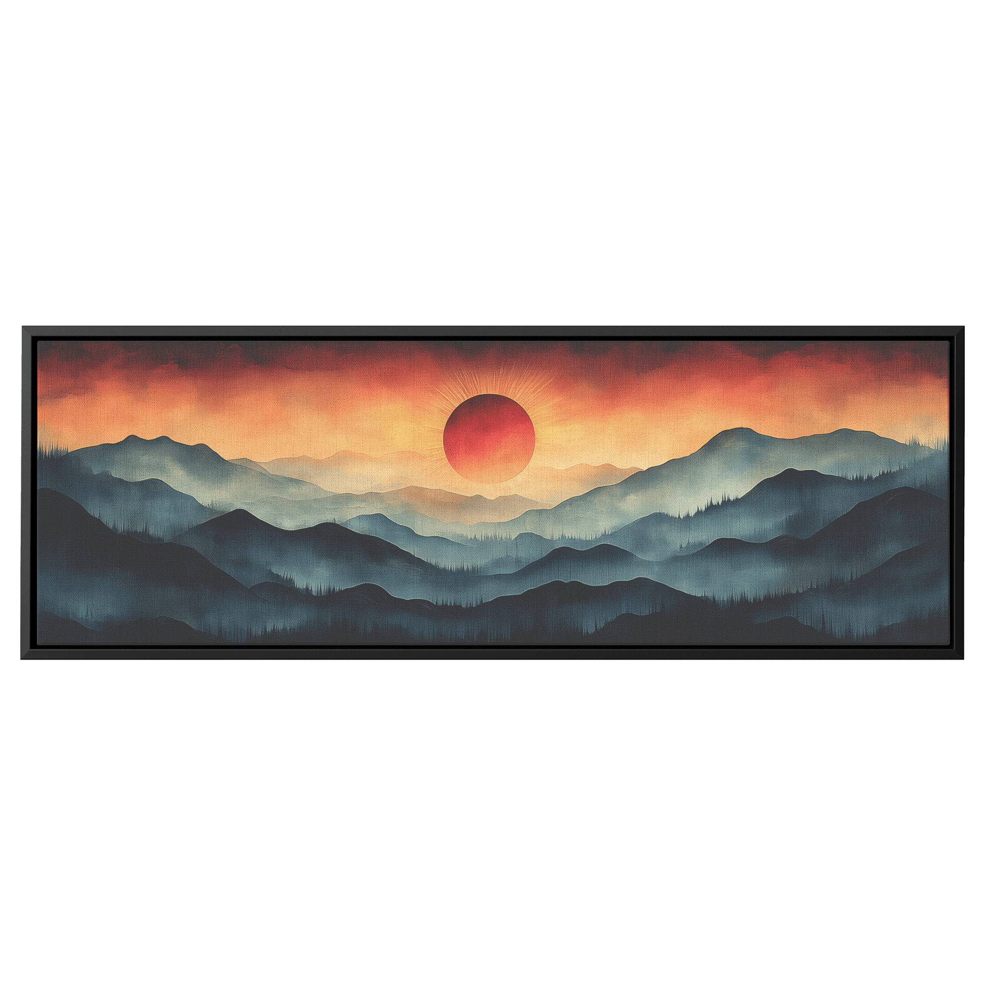 Stylized Boho Artwork Sunburst Abstract Hills Warm Earthy Tones Ultra High Definition Soft Gradients Panoramic Framed Canvas Wall Art - Awakening Righteousness