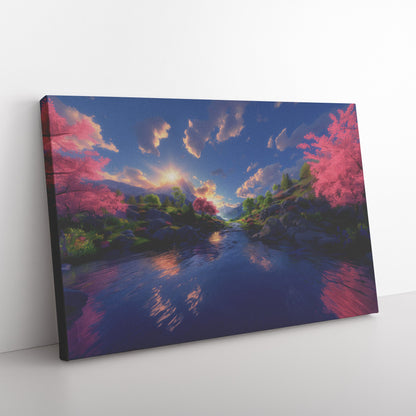 Sunlit River Valley with Blossoming Trees and Mountain Views Christian Canvas Wall Art Decor - Awakening Righteousness