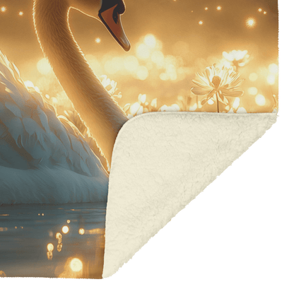 Swan Resting in Meadow of Glowing Wildflowers Under Golden Moonlight Surrounded by Mist and Fireflies Fleece Sherpa Blanket - Awakening Righteousness