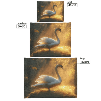 Swan Standing Majestically on Glowing Mossy Rock Surrounded by Mist and Golden Sunlight in Magical Forest Fleece Sherpa Blanket - Awakening Righteousness